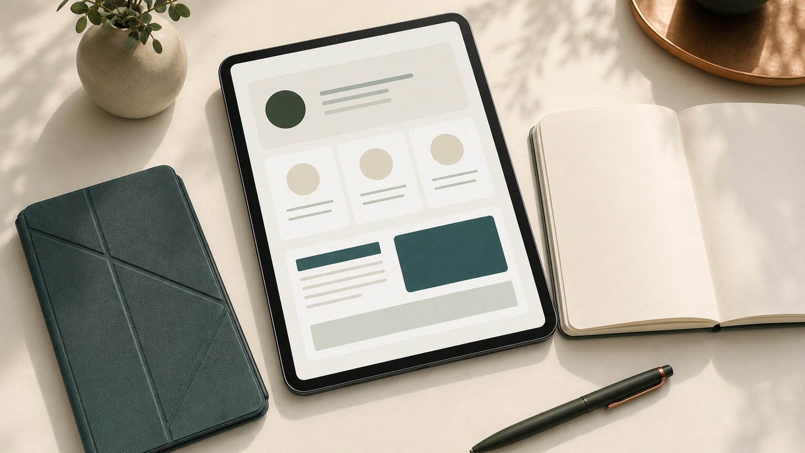 Tablet with abstract information cards beside a blank notebook on a calm desk.